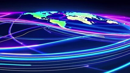 Dynamic futuristic world map with pulsating message lines, bright neon colors on dark digital background - Powered by Adobe