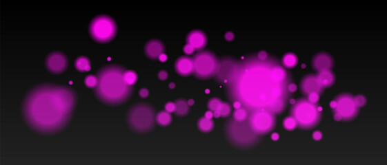 Purple bokeh. Glowing blurred light spheres on dark background, abstract glow effect with soft focus and floating particles for festive or winter design.