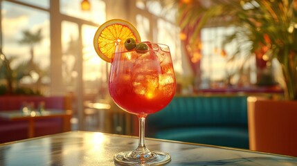 Vibrant tropical cocktail with orange slice and cherry garnishes served in a tall glass on a sunny indoor patio with lush green plants and warm lighting ambiance