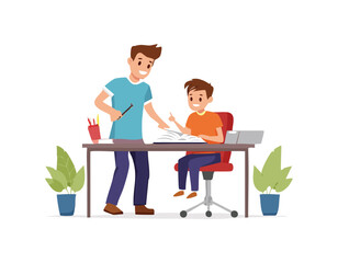Caring father helping his child with homework or remote learning at home, showing support, patience, and bonding during education time. Perfect for parenting, family, and learning concepts.