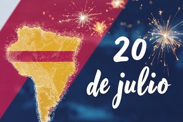 A map of South America with fireworks in the background. The text reads 20 de julio