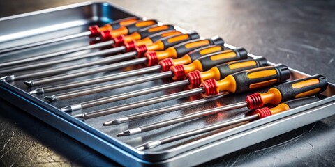 A neatly organized set of screwdrivers in a metallic tray, showcasing a variety of sizes and a vibrant color scheme, ready for any task