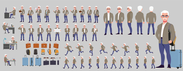 Man Character design. Front, side, back view and explainer animation poses. Character set with lip sync and facial expressions of Happy, angry, sad, Joy with Side walk cycle animation sequence sprite 