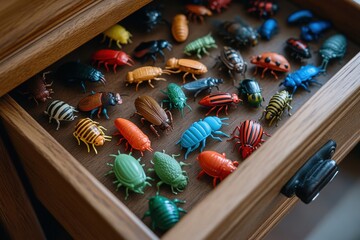 Colorful collection of various insect models displayed in a wooden drawer enhancing the appeal of entomology and craftsmanship