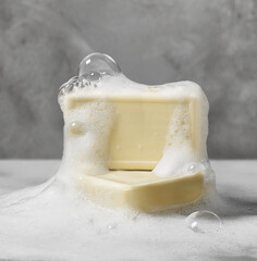 Luxurious organic soaps with charming bubbles of soap foam