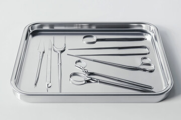 A 3D visualization of a surgical tray with instruments, isolated on white background