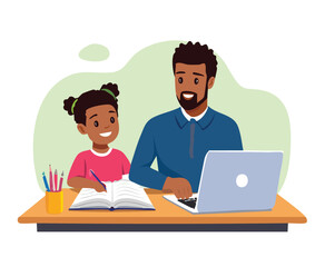 Caring father helping his child with homework or remote learning at home, showing support, patience, and bonding during education time. Perfect for parenting, family, and learning concepts.