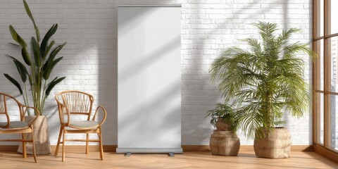 Fototapeta premium Modern indoor space showcasing decorative plants and minimalist design with wooden elements and natural light