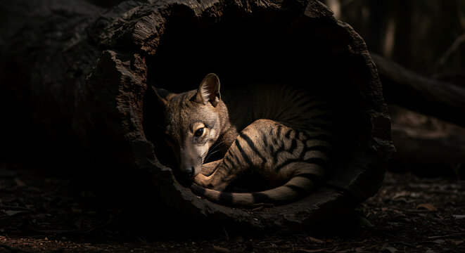 Majestic Fossa hidden in shadows a nocturnal marvel of Madagascar wildlife
