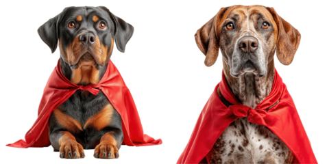 Dog in superhero cape with serious pose, Brave Backyard Defender, isolated on Transparent background