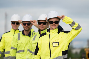 Engineer workers, Teamwork of engineer. Team of engineer standing together, preparing for working. Cooperation of workers. Unity and teamwork concept