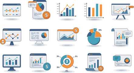 Data Analytics Icons: Charts, Graphs & Data Points