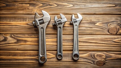 Three adjustable wrenches of varying sizes arranged on a rustic wooden surface