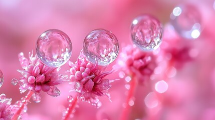 Dew droplets on pink flowers, close-up, blurry background