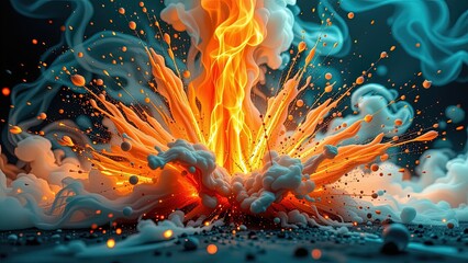 dynamic visually striking scene of explosion. explosion depicted vibrant orange flames swirling ethereal smoke that emanate from center. fiery colors create sense of intensity energy while...