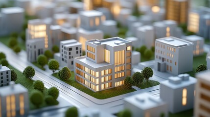 Modern City Architectural Model at Night with Illuminated Building