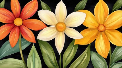 Obraz premium Painterly Orange Yellow Cream Flowers Dark Background