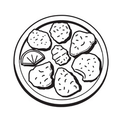 Delicious chicken fajita on rustic wooden plate line art illustration