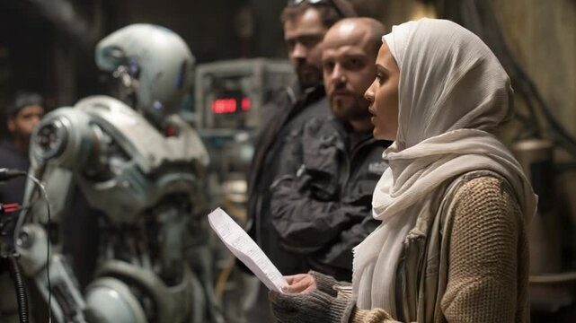 Scene in Sci-Fi Movie Production: A director and crew members review the scene, preparing for filming with a futuristic robot prop, capturing a moment of creativity and collaboration.