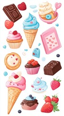 cupcake stickers featuring various cookies, and ice cream with faces on a white background.