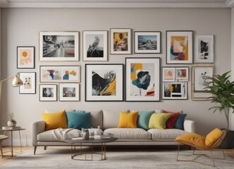 Gallery wall of diverse frames showcasing modern art prints in a bright living room , decor, modern living room