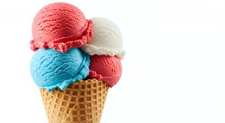 Three Scoops of Colorful Ice Cream on Waffle Cone Isolated on White Background Sweet Treat for Summer or Celebration