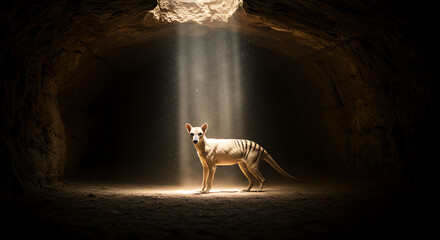Thylacine in a cave bathed in sunlight a mystical moment captured forever