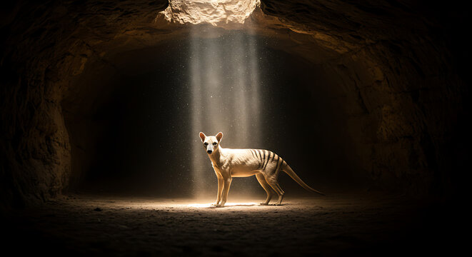 Thylacine in a cave bathed in sunlight a mystical moment captured forever