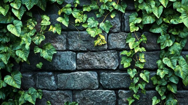 Lush green ivy climbing a dark stone wall