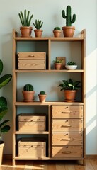 Retro shelf with mock cactus, wooden boxes, and interior room setting , wall decor, brown, display