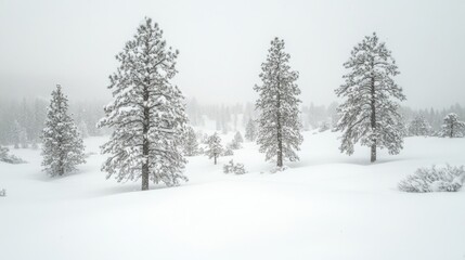 Obraz premium Snowy Pine Trees Stand Tall in Winter Landscape Scenic Vista Wide Angle Shot in Sierra Nevada Mountains