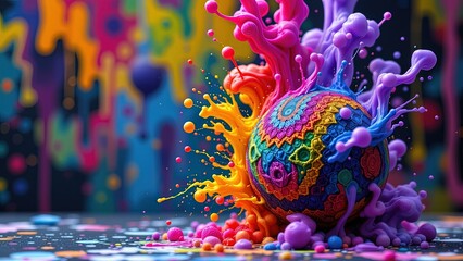 vibrant dynamic scene colorful intricately patterned sphere that appears to motion. Surrounding sphere splashes of vivid colors including shades of pink purple orange yellow creating sense...