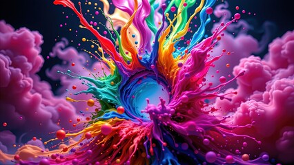 vibrant dynamic visual composition dominated swirling explosion of colors. At center circular vortex of blue hues radiates outward surrounded array of splashes vivid shades of red yellow...