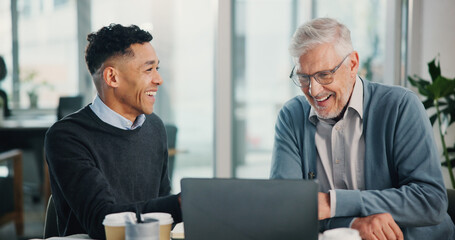 Laughing, senior man or happy financial advisor with laptop, retirement fund or pension info....