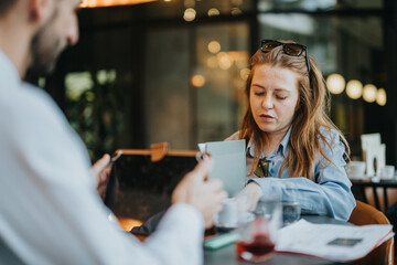Two professionals engaged in a discussion in a stylish cafe with documents and tablet.