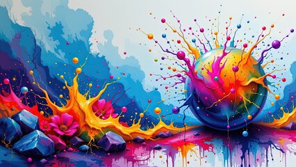 vibrant dynamic scene filled variety of bright colors. At center there large colorful sphere that appears to bursting outward splashes of paint-like droplets extending all directions....