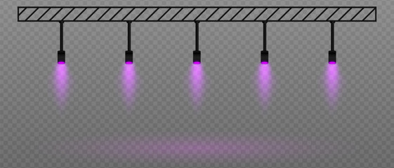 Purple soft spotlight. Straight ceiling lights with diffused white glow. Great for galleries, minimalist interiors, and exhibition setups on transparent background.