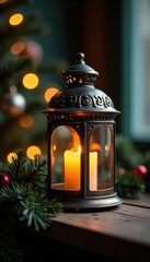 Ornate metal lantern with flickering candle, festive Christmas garland , background, lantern, graphic