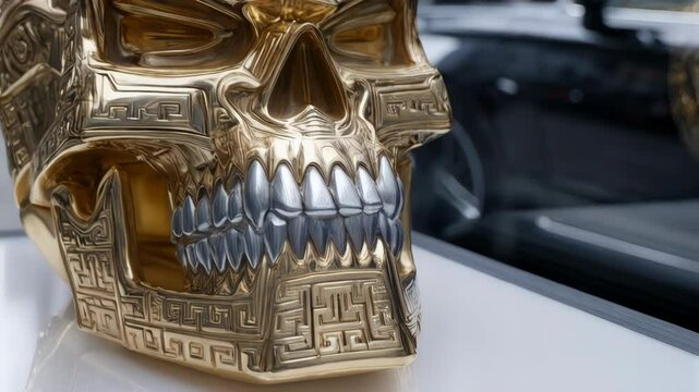 Ornate golden skull sculpture with silver teeth and geometric patterns casting reflections in a display case