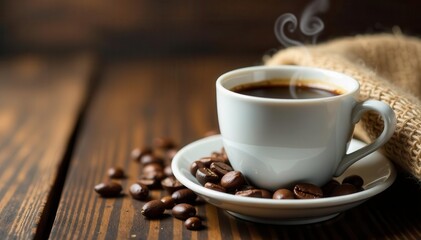 Steaming coffee in white cup, burlap sack, coffee beans, weathered wood , vintage, close-up
