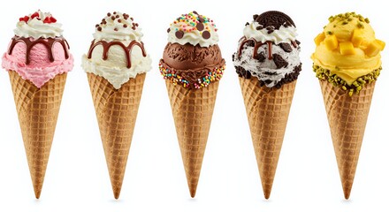 Variety of Ice Cream Cones with Flavors and Toppings on White Background Featuring Vanilla Chocolate Strawberry Mango and Pistachio with Sprinkles and Whipped Cream