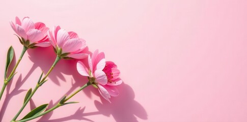 Fototapeta premium Pastel pink background, gypsophila flowers, sunlight shadows, minimalist flatlay , texture, mockup