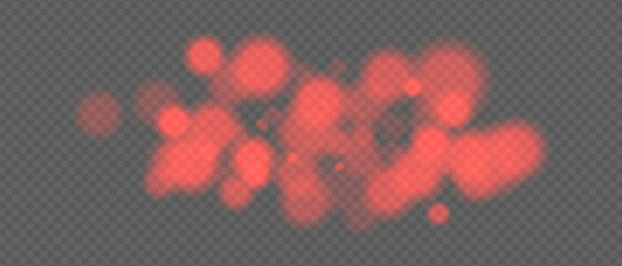 Pale red glow clusters with strong bokeh and haze effect. Soft fire particles on transparent surface for warm ambient design.