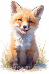 Obraz premium Adorable fox kit, smiling, sits in grass