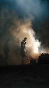 Two figures stand near a smoky fire pit on dark ground, adding to dramatic atmosphere in a rustic environment.