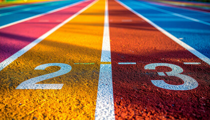 Vibrant running track showing lanes with numbered markers, bright colors of the rainbow