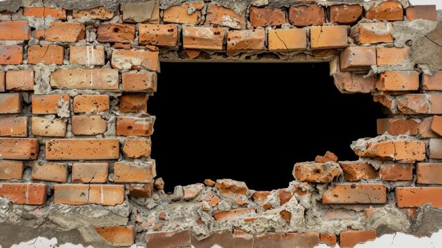 Hole in the wall of bricks against, no background, cut-out, Generative AI Videos.