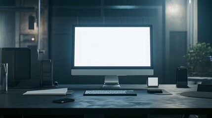 Empty computer screen on a dark office desk.