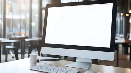 Fototapeta premium Modern computer monitor on a desk in a contemporary office space.