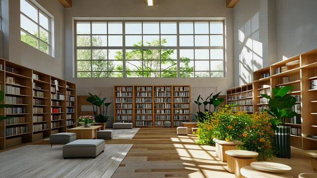 A modern interior design with a Japanese touch green library, wooden bookshelves and furniture, white walls, indoor plants, Generative AI Videos.